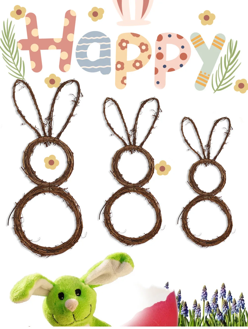 

New Rattan Bunny Garland Easter Hanging Pendant Ornament Wreath Party Bunny Circle Pendant For Easter Home Decoration