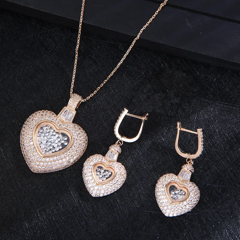 NEW Luxury Heart Pendant Lover\'s  Cubic Zircon CZ  For Women Wedding Dubai Bridal Jewelry Sets D1256