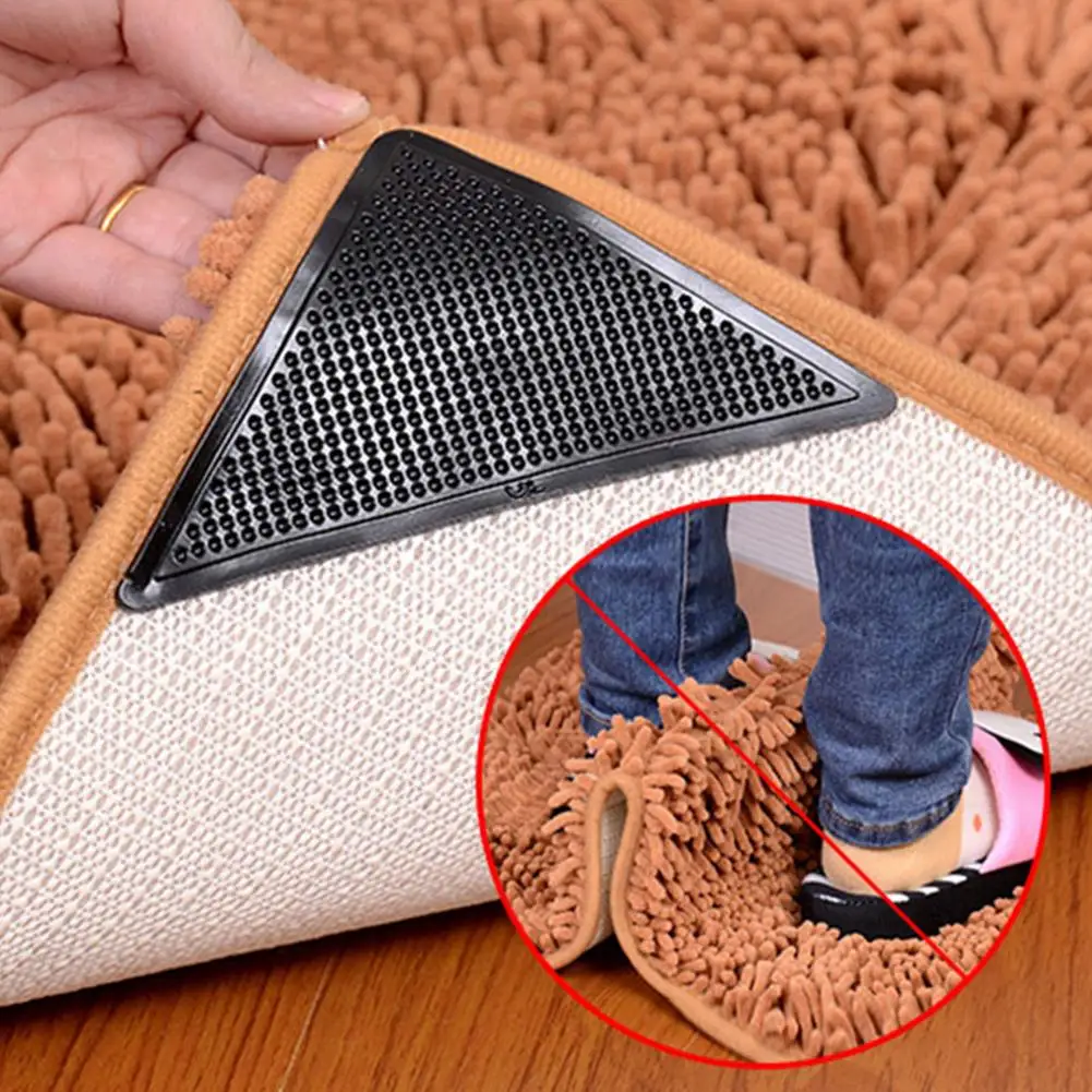 4Pcs Anti Skid Rug Carpet Mat Non Slip Grip Small Corners Triangular Pad Washable Removable Strong Adhesive Stopper Tape Sticker