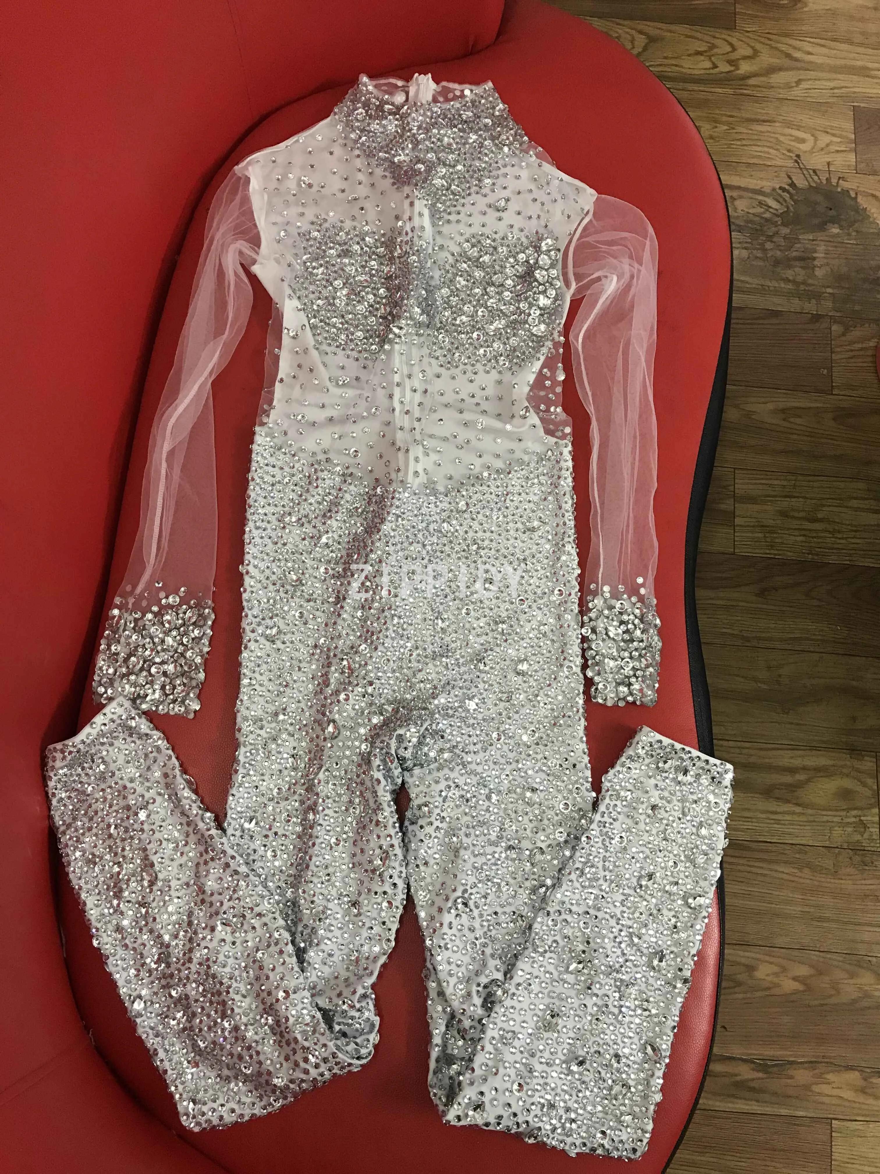 Silver Rhinestones White Mesh Jumpsuit Full Stones Leggings Female Singer Show Club Outfit Prom Party Celebrate Wear