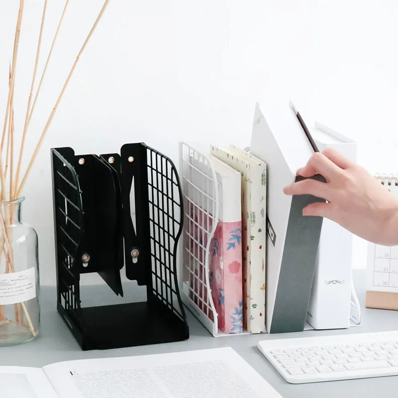 1 pcs White Black Bookends Metal Book Stand Adjustable Wire Mesh Bookshelf simple Creative Desk Magazine Book Holder Stand