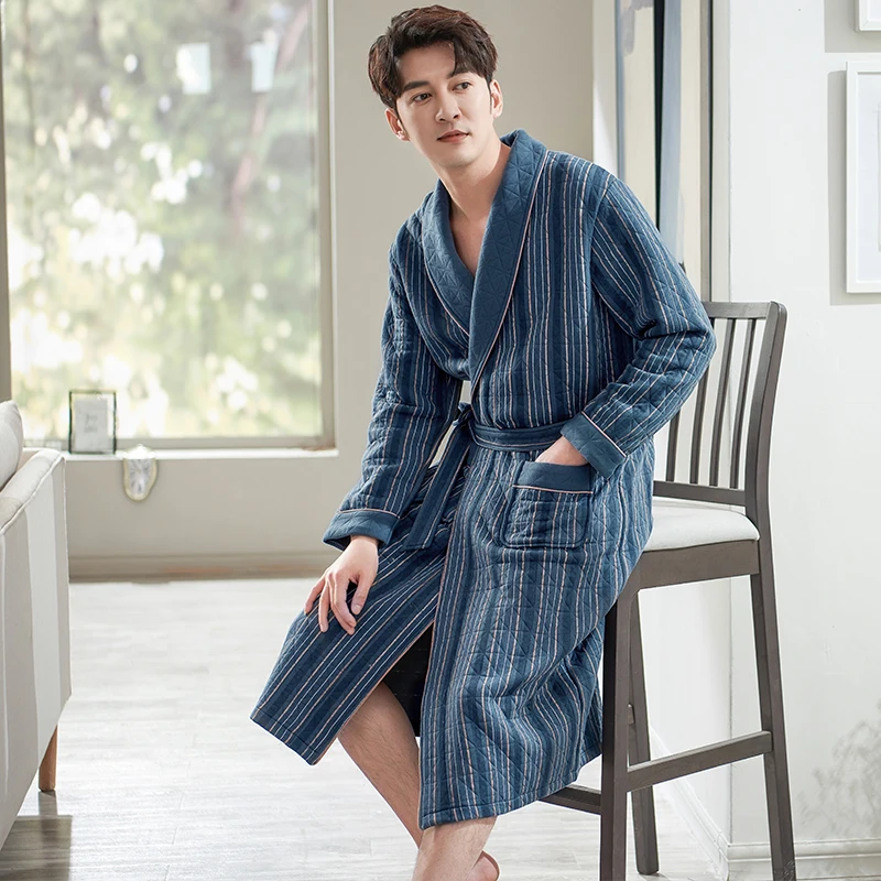 

Stripe robe men's quilted bathrobe winter robe male home clothes sleepwear cotton peignoir man's lingerie spas robe badjas M-3XL