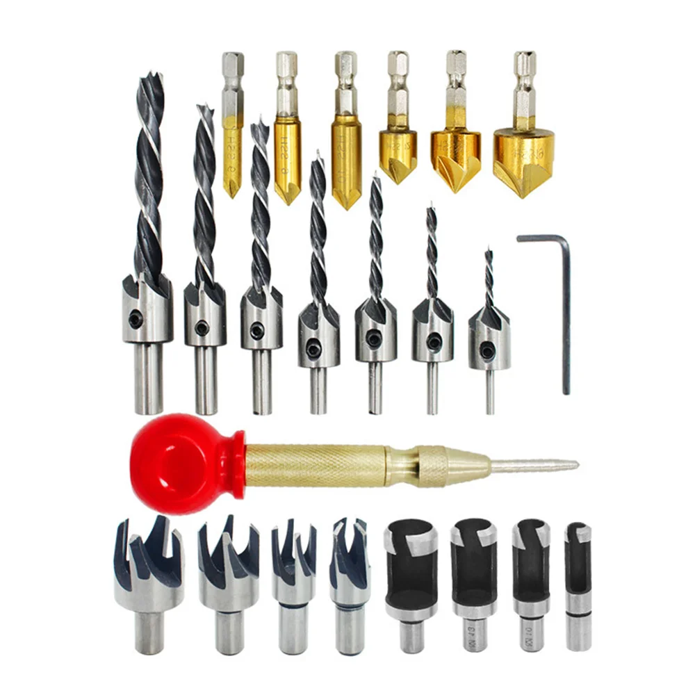 23Pcs/Set Woodworking Hole Set Countersink Drill With Cap Center Punch Titanium-plated Chamfer Drilling Tool Cork Drill Set