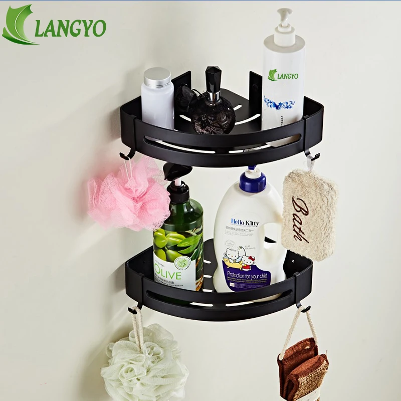 Nail Free Space Aluminum Black Bathroom Shelf Cosmetic Rack With Single Lever Bath Corner Basket With Hook Bathroom Rack Shelf C