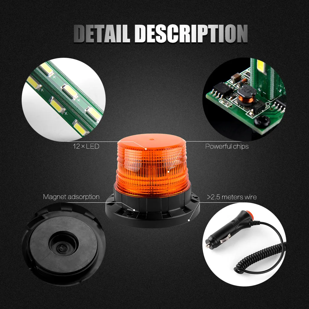 Auto LED Yellow Ceiling Light 9-30V School Bus Flashing Warning Light Engineering Vehicle Circular Stroboscopic Traffic Lights