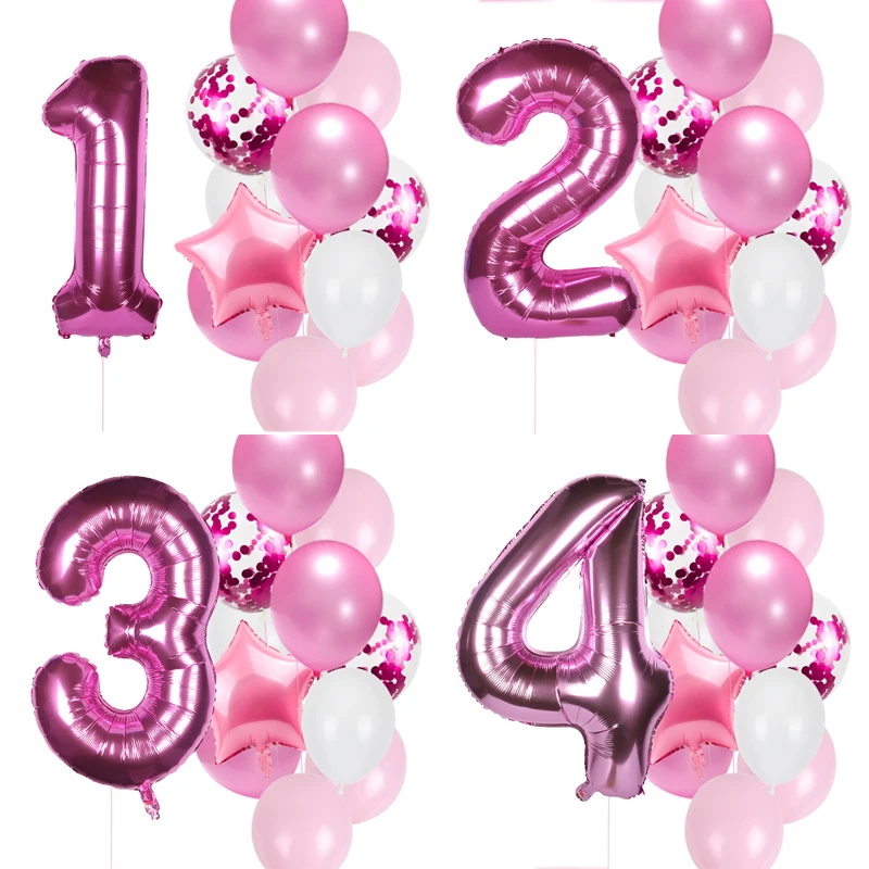 12pcs 1st Birthday Party Pink Number Foil Balloons Birthday Party Decoration Kids Baby Girl Princess 1 2 3 4 5 6 7 8 9 Years Old