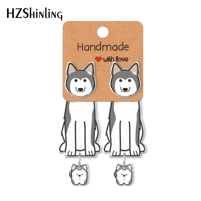 2021 Cartoon Animal Husky Dogs Pet Love Pattern Acrylic Clip Earrings Stud Earrings Resin Epoxys Ear Jewelry