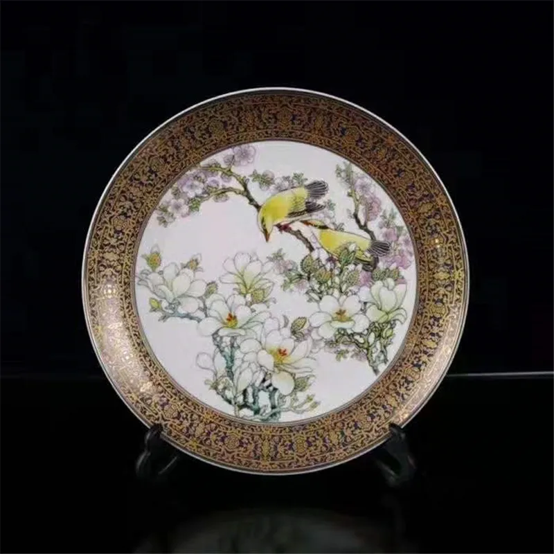 Chinese Porcelain Painting Golden Magnolia Flower Bird Plate Fruit Plate Porcelain Plate Dish Home Decoration Feng Shui Gift