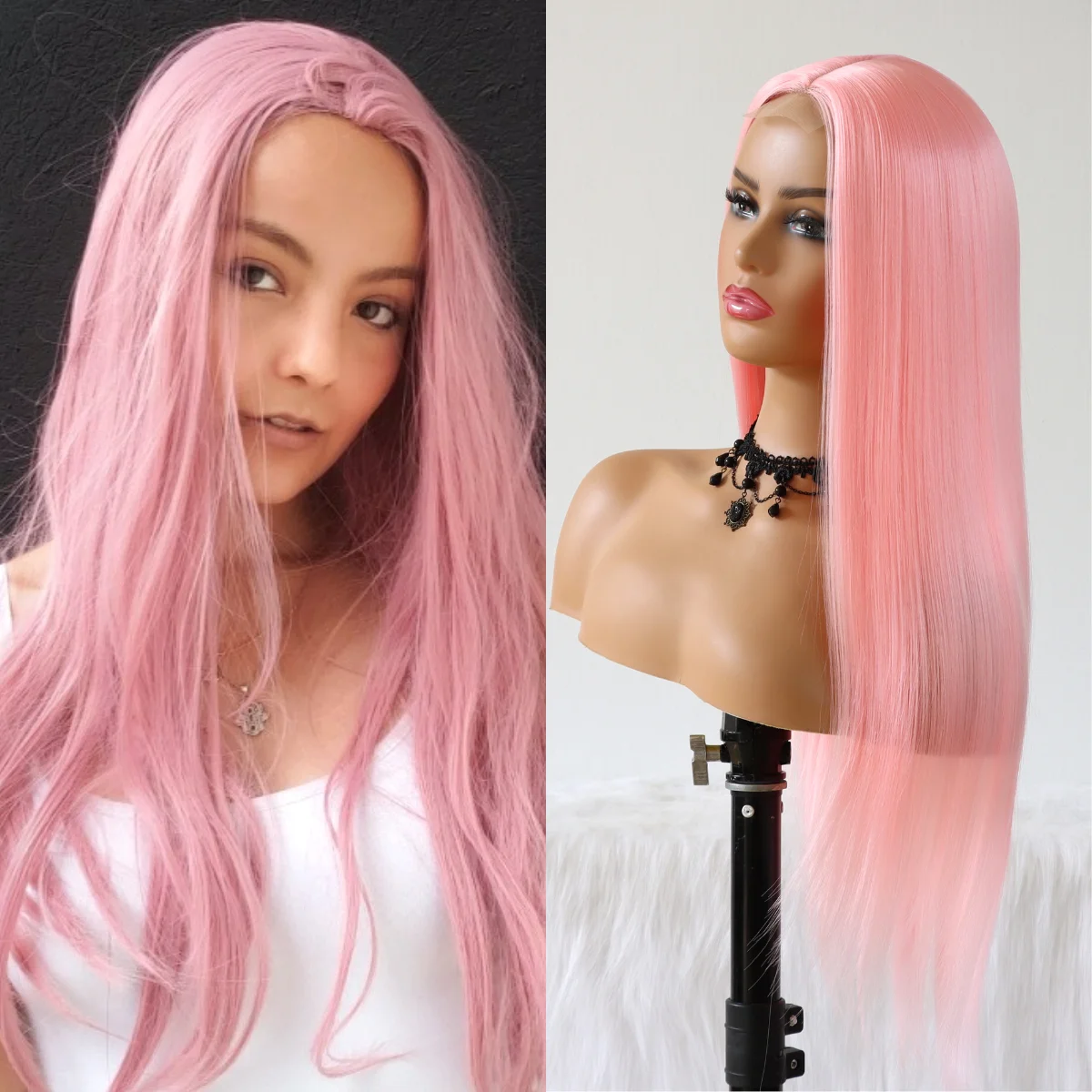 Pink Synthetic Hair Lace Wigs with Natural Baby Hair Long Straight Wig Cosplay Daily Party Use for Fashion Women