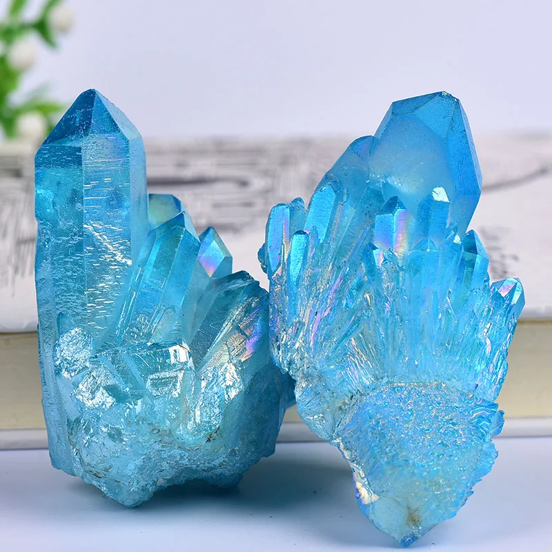 1PC Natural Crystal Cluster Electroplate Blue Quartz Health Healing Reiki Stone Crystal Point Specimen Home Decor Collection