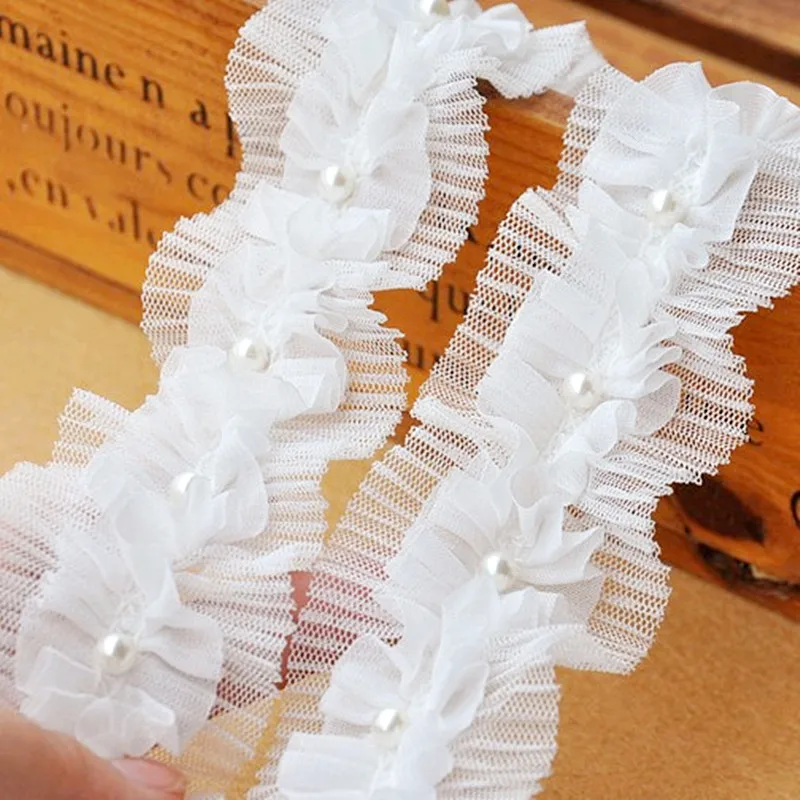 1 Yard Chiffon Flower Lace Beading Ruffled Pearled Crochet Belt Lace Band Ribbons White And Black Double Layer 4.5