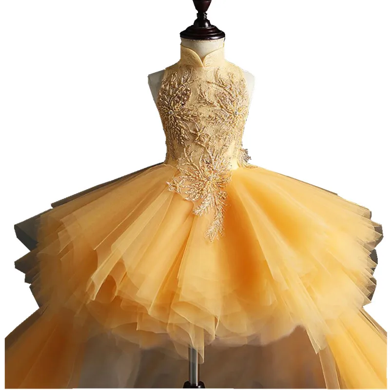 Glizt Long Trailing Gold Lace First Communion Dress Beads Tulle Ball Gown Girls Pageant Gown Flower Girl Dress For Weddings