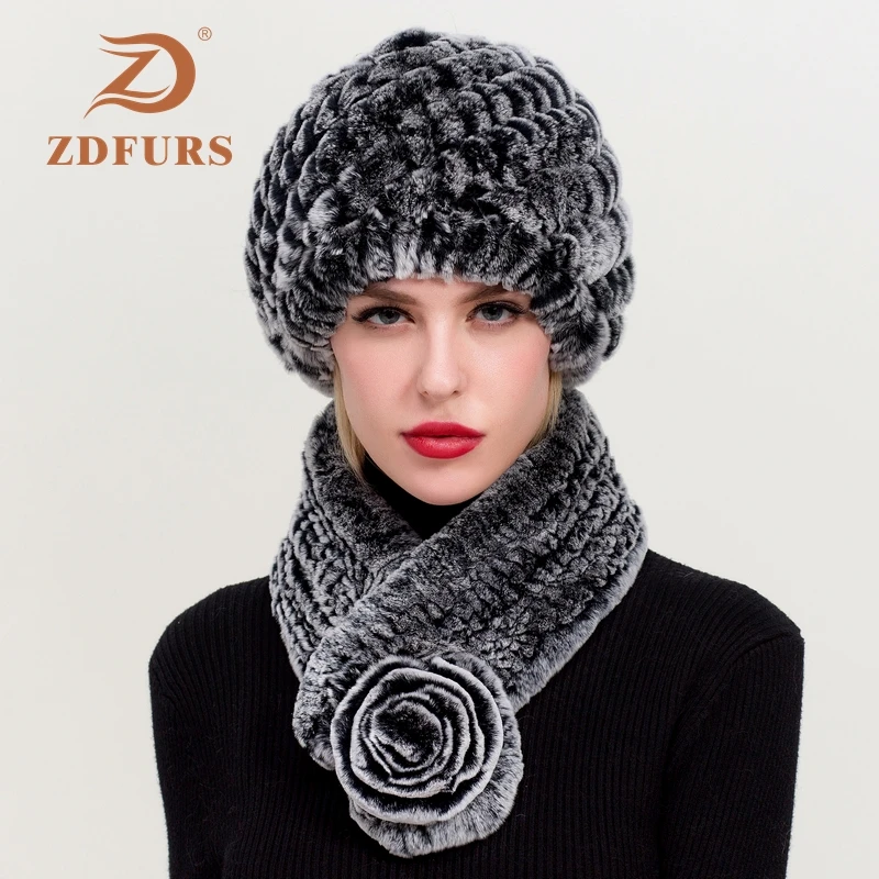 Zdfurs * inverno das mulheres real rex coelho pele chapéu cachecol 2 peça conjunto feito à mão malha genuína pele de coelho bonés marca moda chapéu cachecol