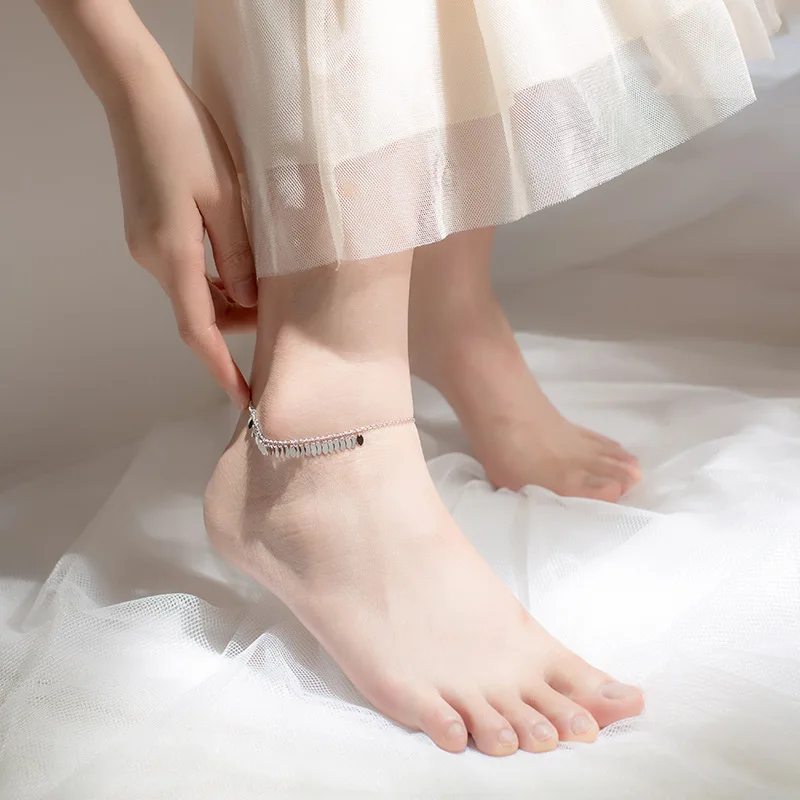 MIQIAO Bracelet On The Leg Anklet For Women Silver 925 Foot Sterling Jewelry Female Simple Glossy Oval Light Piece Temperament