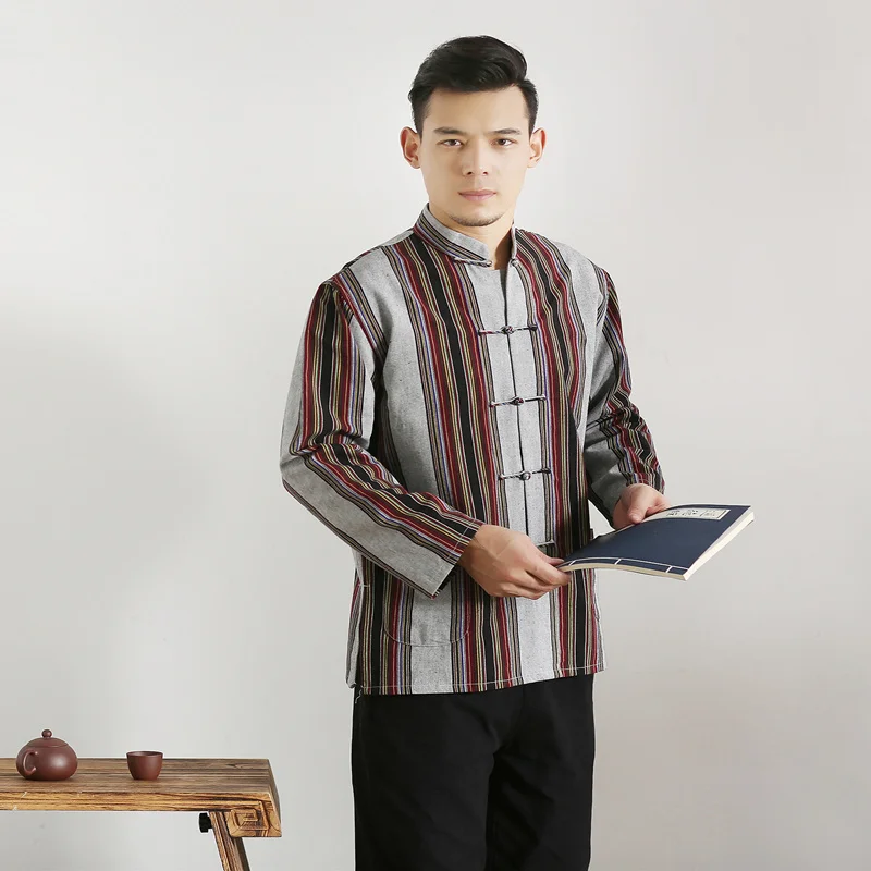 Hanfu-traje de manga larga de algodón para hombre, ropa tradicional china, traje Tang Top, uniforme de Kung Fu y Tai Chi, blusa