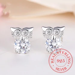 100% 925 Sterling Silver Piercing Crystal Owl  Stud Earrings for Women 2023 Girls Wedding Party Gift Femme Jewelry pendientes