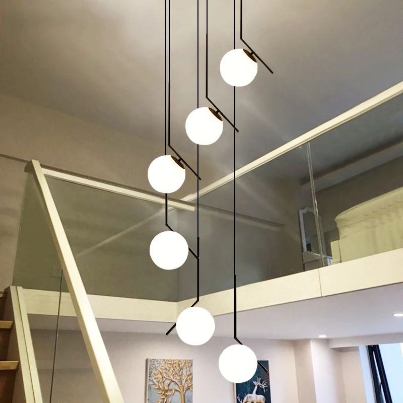 

Stair Long Pendant Lamps Simple Modern Villa Nordic Living Room Creative Personality Restaurant Glass Ball Hanging Lights E27