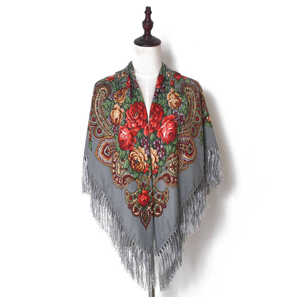 Ukrainian Babushka Scarf Fringed Handkerchief Russian Shawl Women Head Wrap Floral Hijab Scarves Square Blanket Tassel Retro