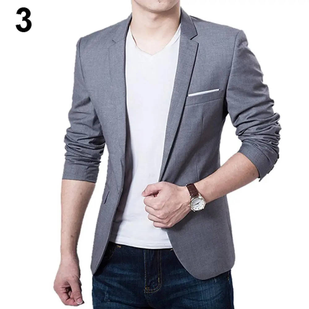 Hot Sale Men\\\'s Solid Color Step Collar Slim Blazer Formal Business Wear One Button Suit