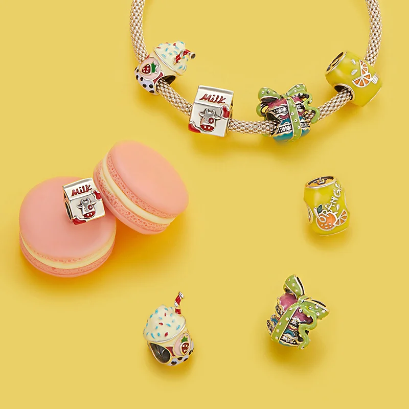 WOSTU 925 Sterling Silver Milk Macarons Ice-cream Tea Orange Juice Charm Heart Charm Beads Fit Original Bracelet DIY Jewelry