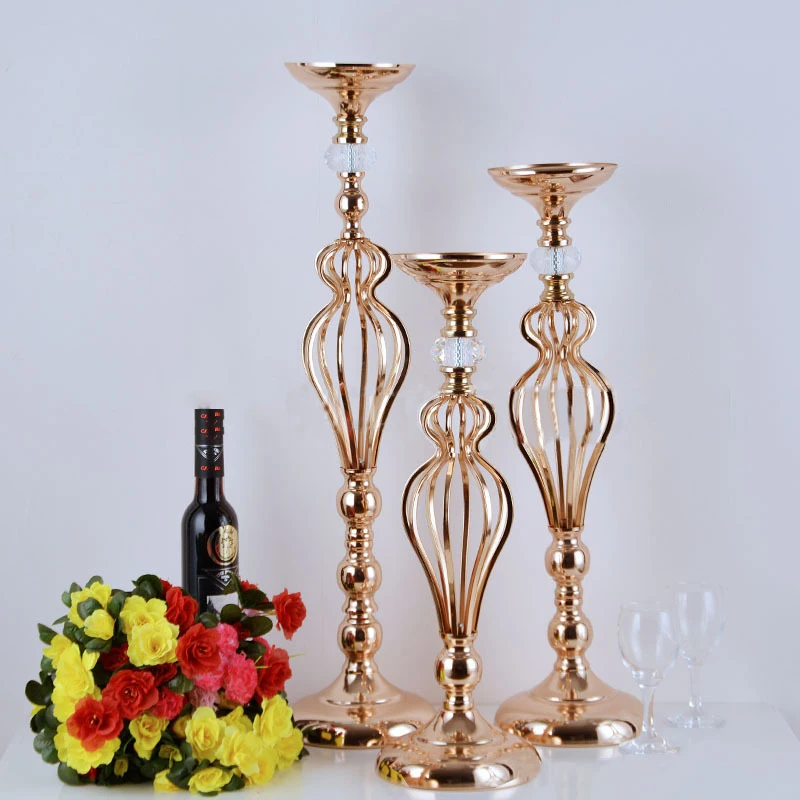 Gold Flower Vases Home Candle Holders Rack Stands Wedding Decoration Table Centerpieces Pillar Party Event Candlestick 10PCS