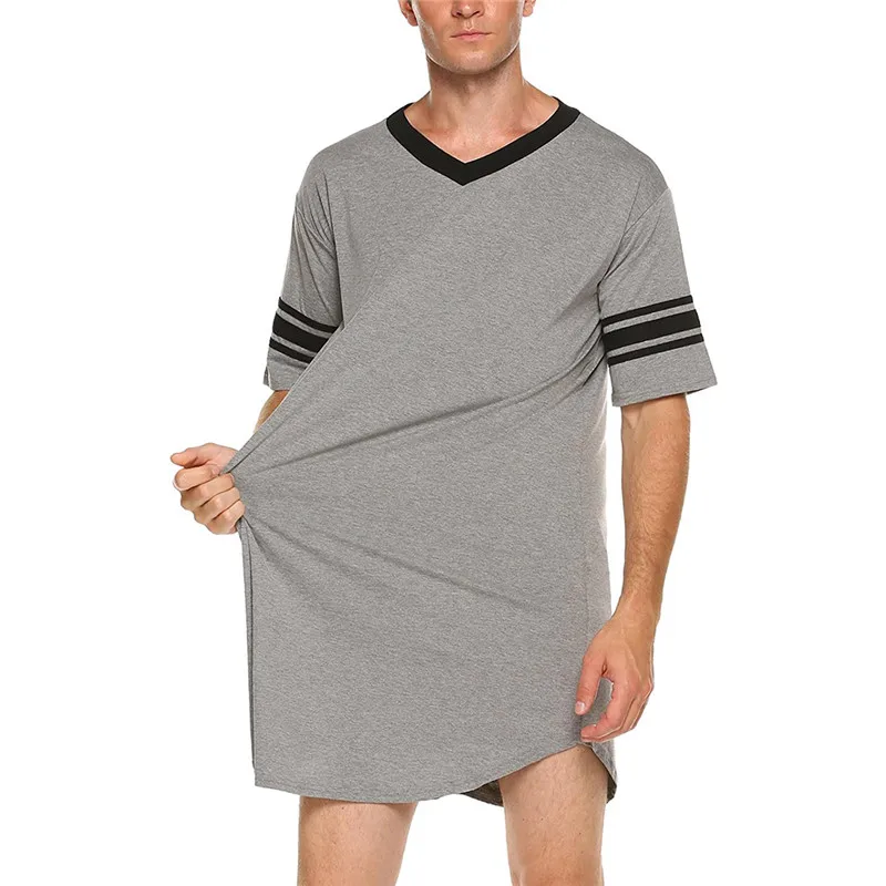 Men Cotton Nightshirt Robes Short Sleeve Soft V-neck Loose Nightwear Summer Casual Male Sleepwear Long Tops Loungewear Dailywear