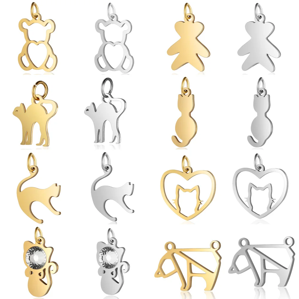 10 pièces/lot de breloques DIY en forme de chat mignon, pendentifs en acier inoxydable en forme de cœur et d'ours, connecteurs en forme de loup pour la fabrication de bijoux, vente en gros