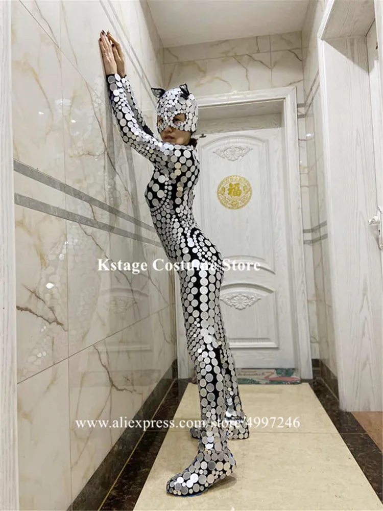 BV13 Singer stage perform bodysuit silver mirror jumpsuit mirror glass dance costumes club show catwalk outfit dj women wear bar