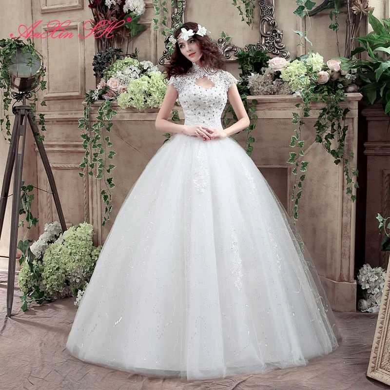 AnXin SH princess little flower lace white vintage high neck beading crystal party ball gown lace up customized wedding dress