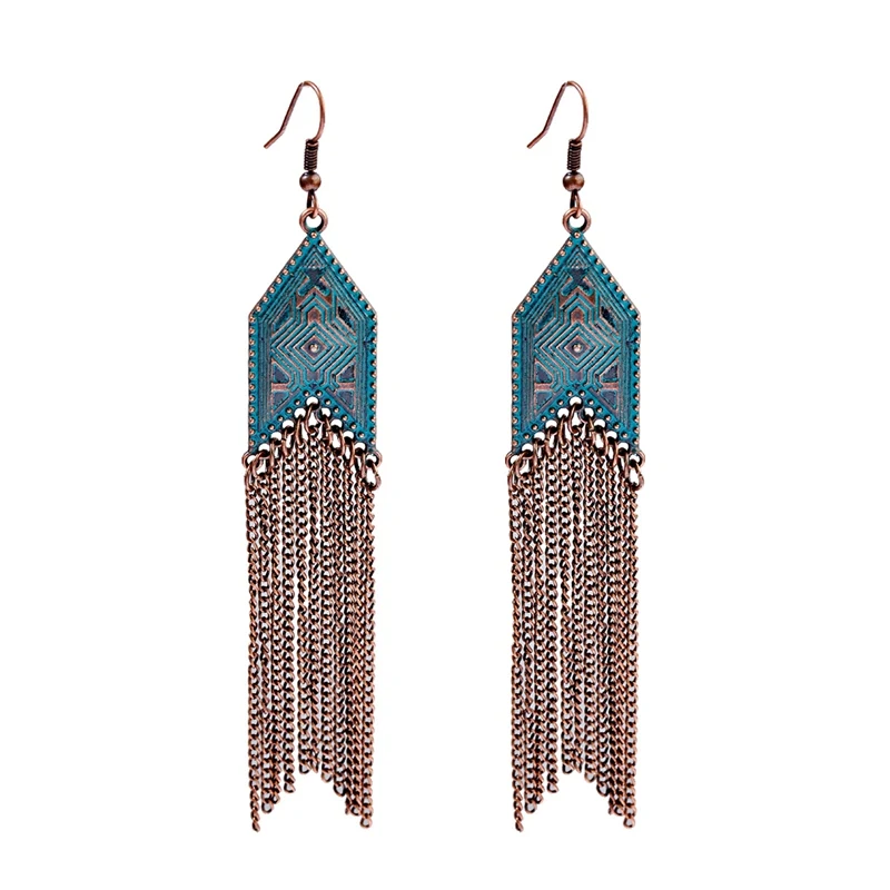 Women\'s Tassel Dangle Earrings Rhombus Alloy Long Chain Bohemia Earrings Jhumka Earrings Orecchini Etnici