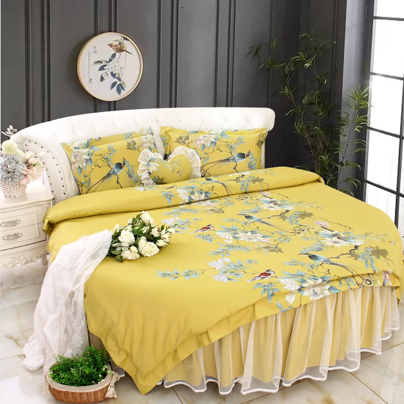 Yelllow Home Round Bedding Sets King Queen Size Pure Cotton Printed Flower ROUND Corner Bed Duvet Cover Pillowcase Bedsheet Set