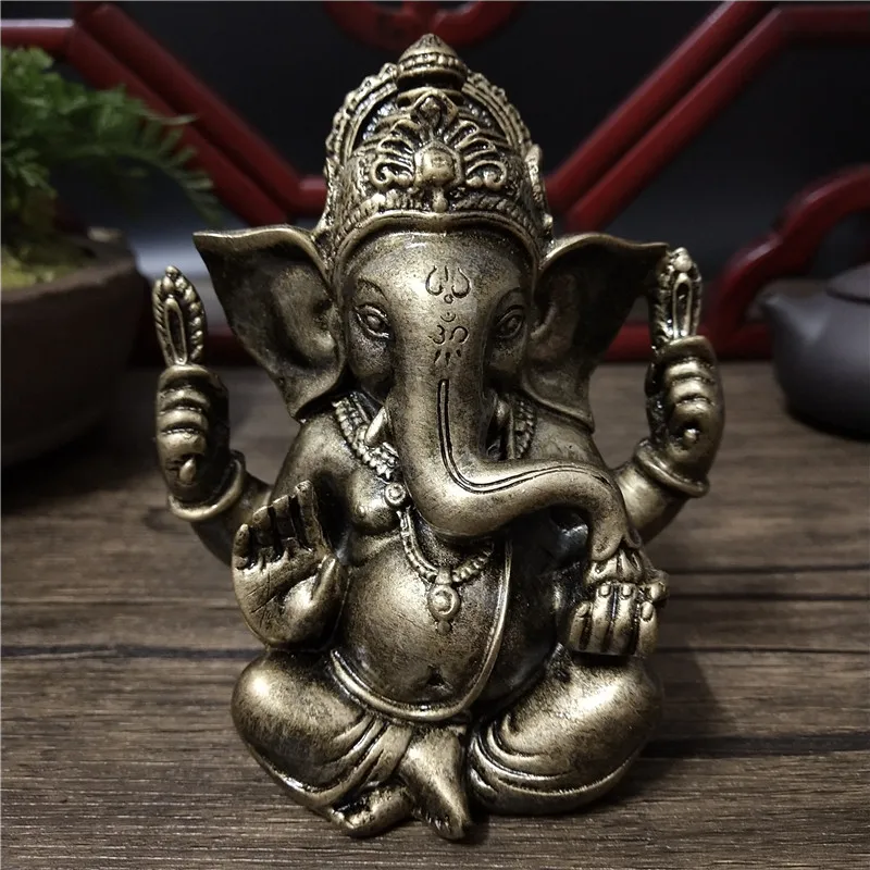 Brązowy kolor Ganesha Budda Statuetka Ozdoby Żywica Słoń Bóg Rzeźba Figurki Dekoracja domu Duże posągi Buddy 11 CM