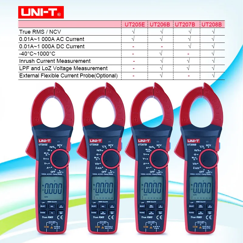 

UNI-T True RMS Digital Clamp Meter AC/DC 1000V 1000A 6000 Counts capacitance resistance tester UT206B UT207B UT208B