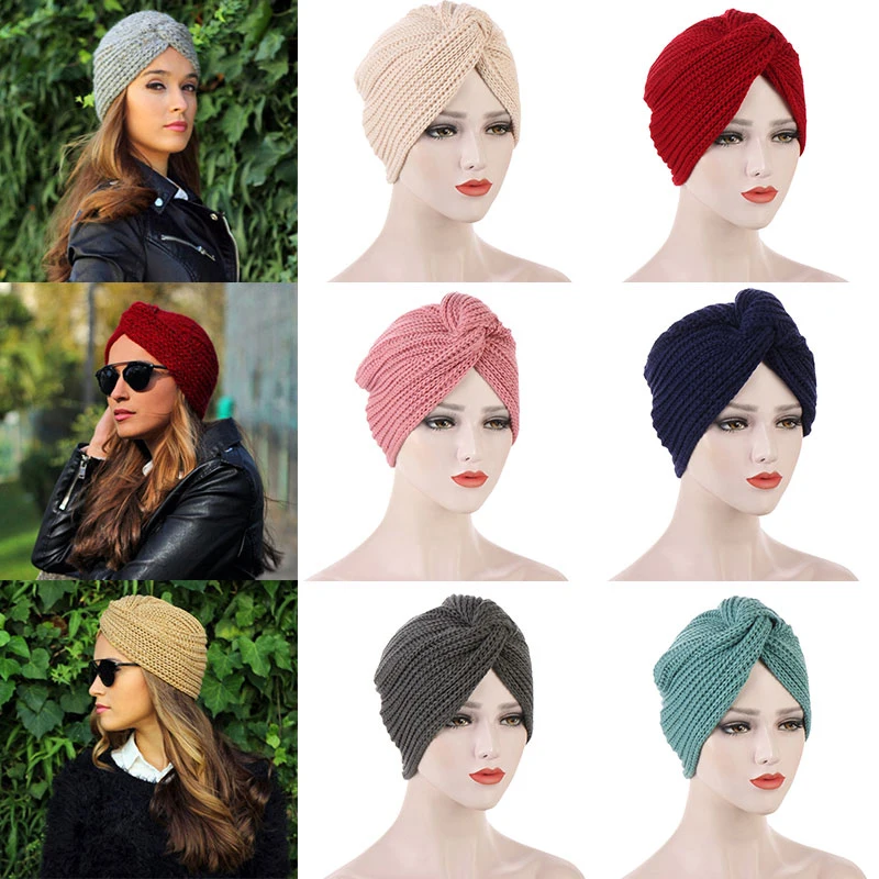 Topi Turban Rajutan Wanita Mode Topi Jilbab Bagian Dalam Topi Tudung Muslim Topi India Topi Wol Selendang Kepala Bungkus Arab Turbante Mujer