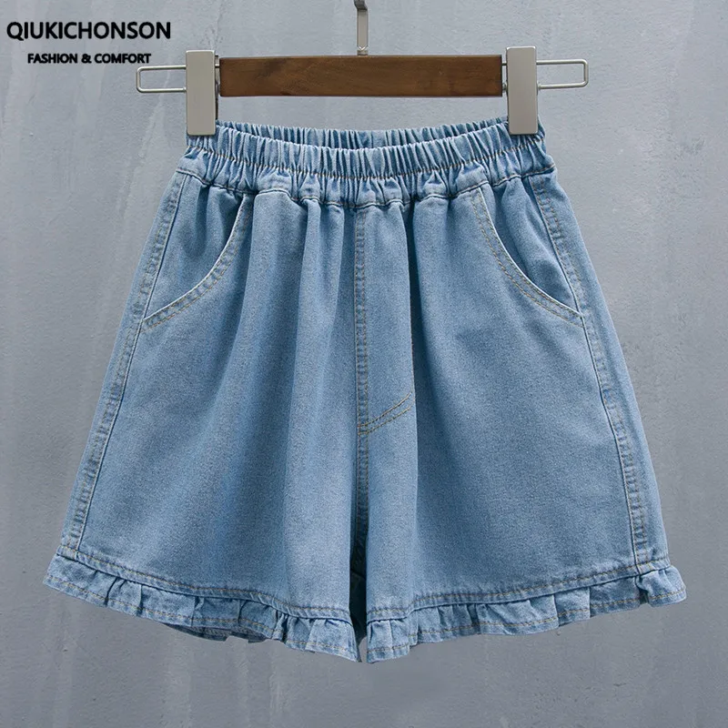 Qiukichonson 5XL Plus Größe Denim Shorts Frauen Sommer Elastische Taille Nette Weiche Mädchen Rüschen Breite Bein Lose Jeans Shorts Hohe taille