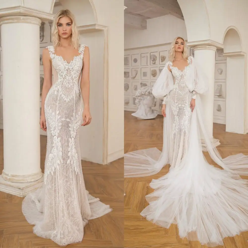 

New Wedding Dresses with Long Sleeve Cape Lace Beading Mermaid Bridal Gowns Custom Made Sexy Open Back Sweep Train Wedding Dress