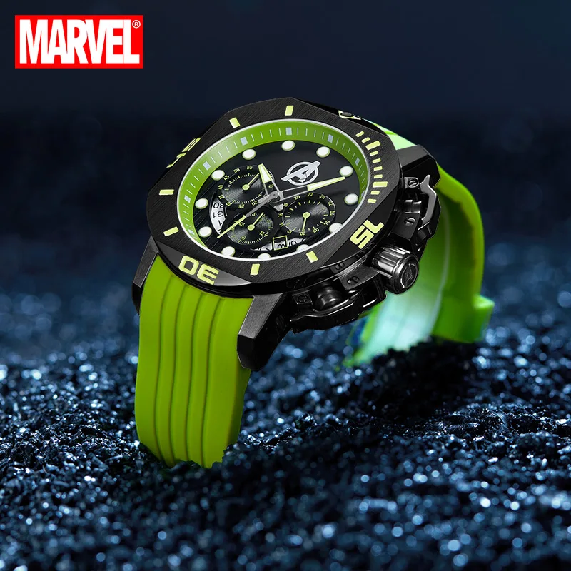 Disney Marvel Official The Avengers Mens Multi-Function Chronograph Quartz Wristwatches Male Clock Green Sport Relogio Masculino