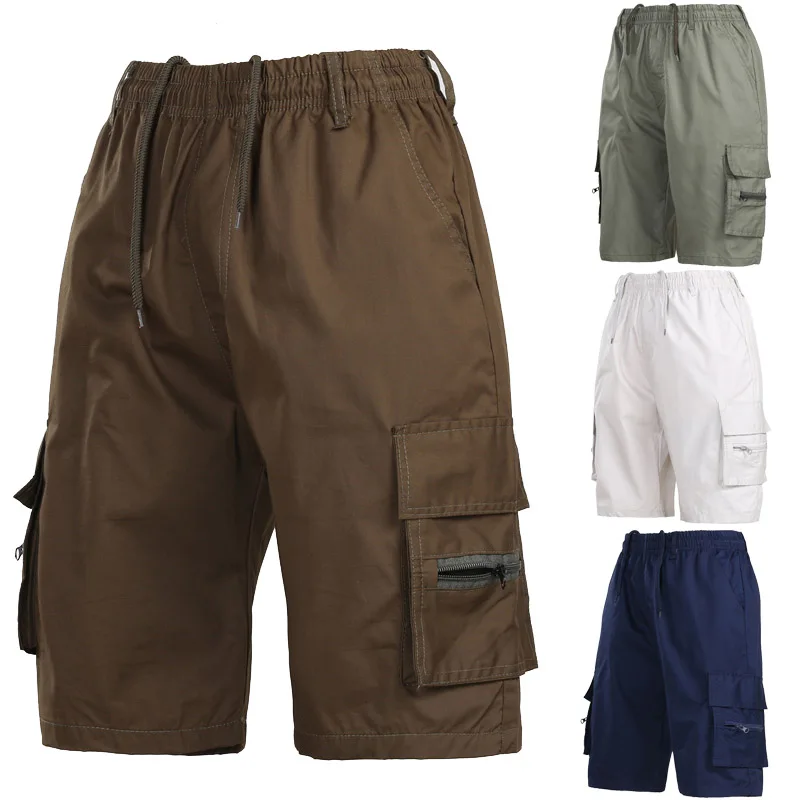 Mens Shorts Elastic Waist Multi-Pocket Cargo Shorts Men Summer Casual Solid Mid Waist Oversize Short Homme S-4XL Short Pants Men