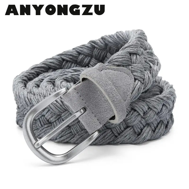 Men Suede Belt Wax Rope Braided Antique Silver Buckle Strap Knitted Without Holes Cotton Handwork Weave Black Grey Beige Blue