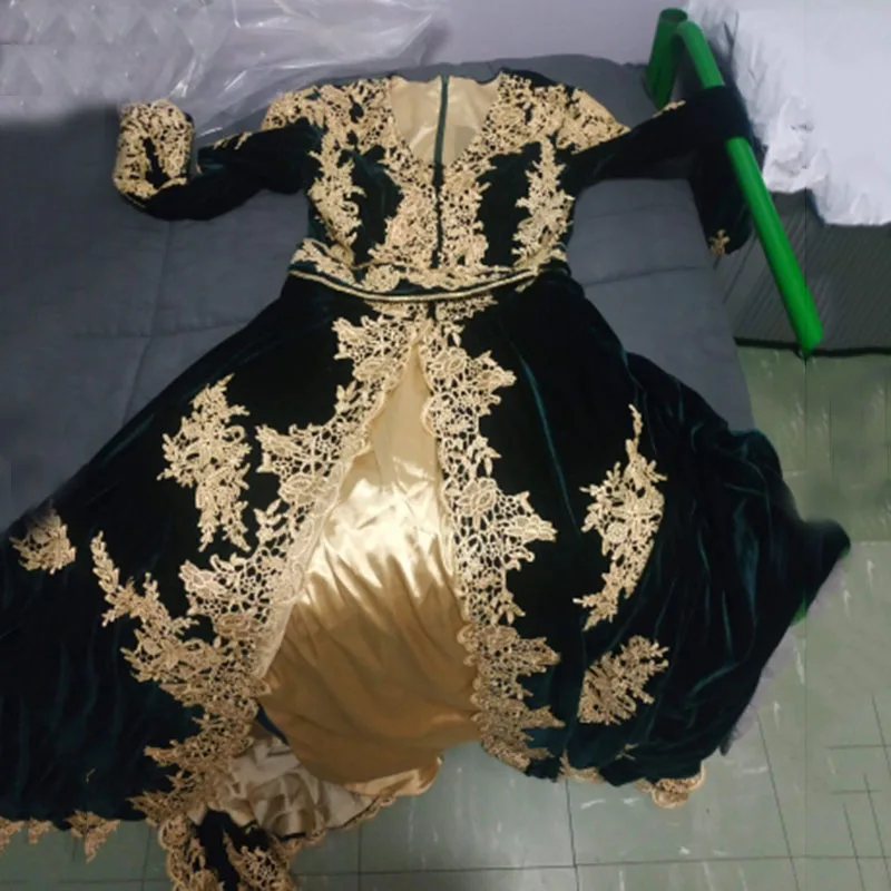 On Zhu-elegante vestido de noche de sirena musulmana de terciopelo argelino, Apliques de encaje dorado dividido, vestidos formales de graduación, traje argelino con borla