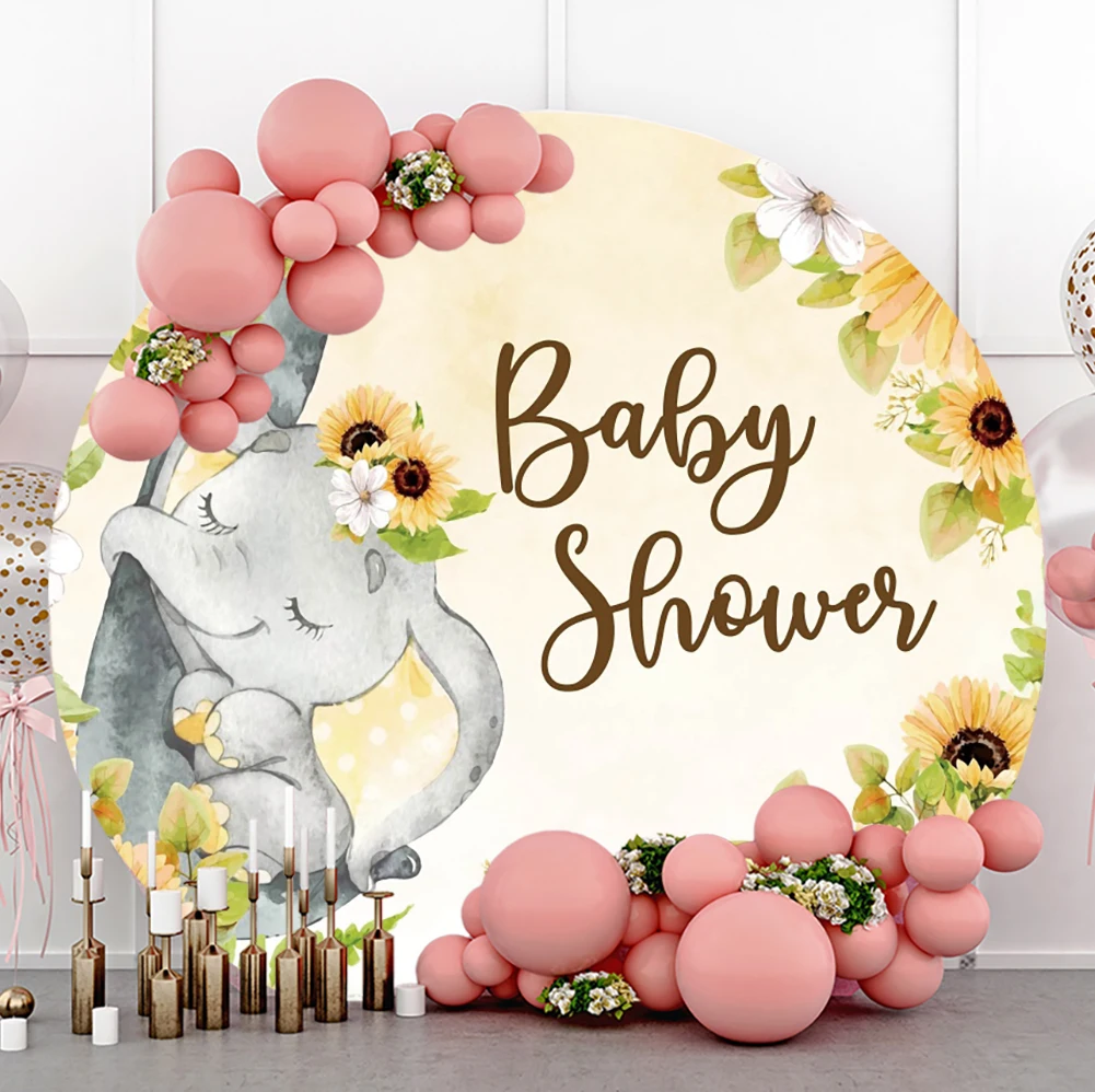 Round Photo Backgrounds For Photography Watercolor Elephant Newborn Celebration Baptism Party Poster Photo Circle Backdrop Photo