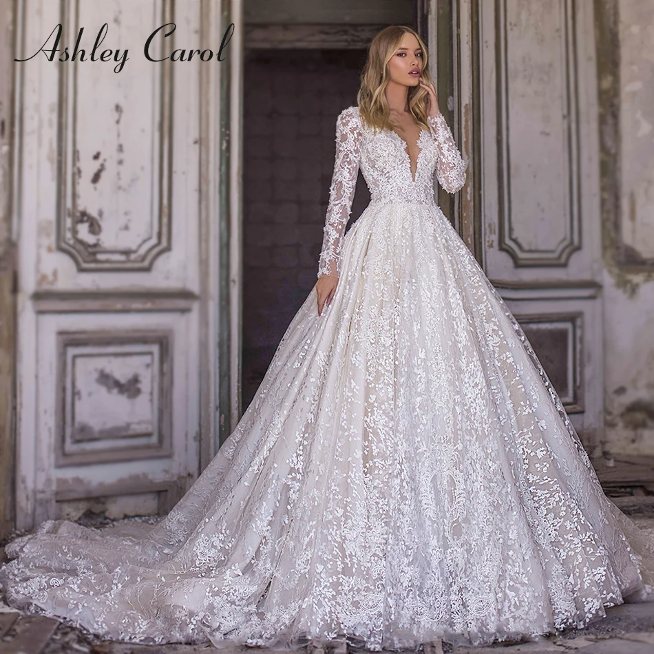 Ashley Carol Elegant Wedding Dresses For Women 2024 Long Sleeve Beaded Appliques V-Neck Princess Wedding Gown Vestidos De Novia