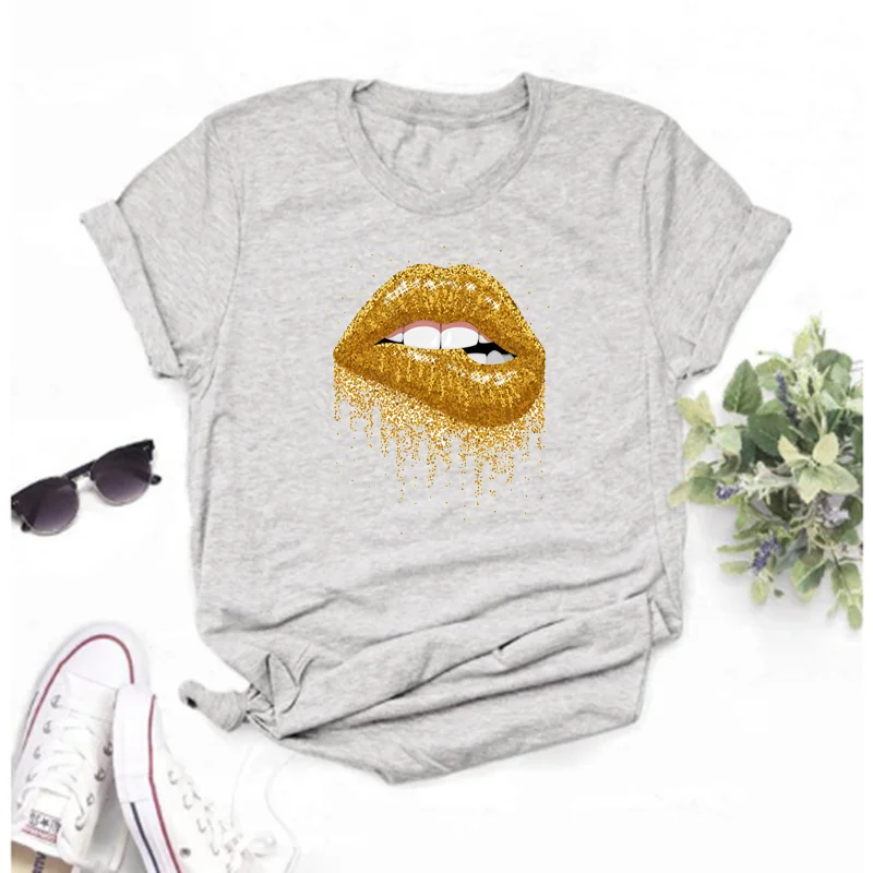 

Mayos Glittering golden lips print T-shirt ladies Harajuku short sleeve round neck top white matching top funny girl