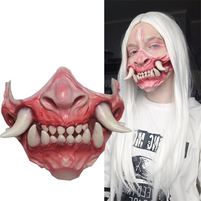 

Japanese Prajna Hannya Noh Kabuki Demon Samurai Cosplay Adult Unisex Latex Half Face Mask Halloween Party Prop