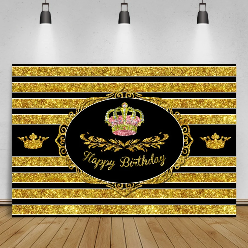 

Laeacco Gold Glitters Stripe Backdrop For Photography Crown Happy Birthday Party Photocall Background Personalized Photo Studio