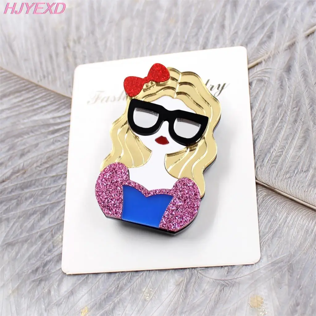 BR111 Girl Brooch Safe Pin  Blond Curly Hair Cute Glitter Acrylic Brooch