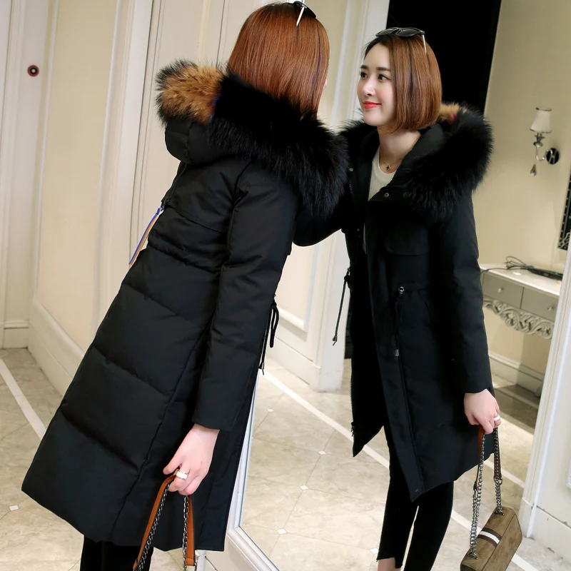 Duck Thick 90% White Down Jacket Women Winter Long Coat Female Large Real Raccoon Fur Hooded Warm Clothes LWL1028