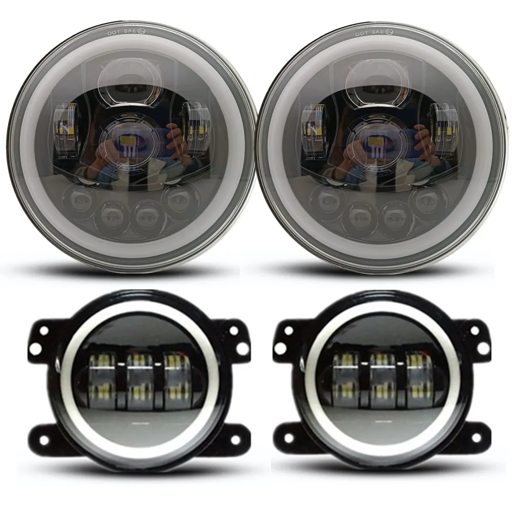 

Car H4 7" Round Headlights + 4 Inch Front Bumper Fog Lights with White Amber Halo Ring for Jeep Wrangler JK Sport Rubicon 07-18