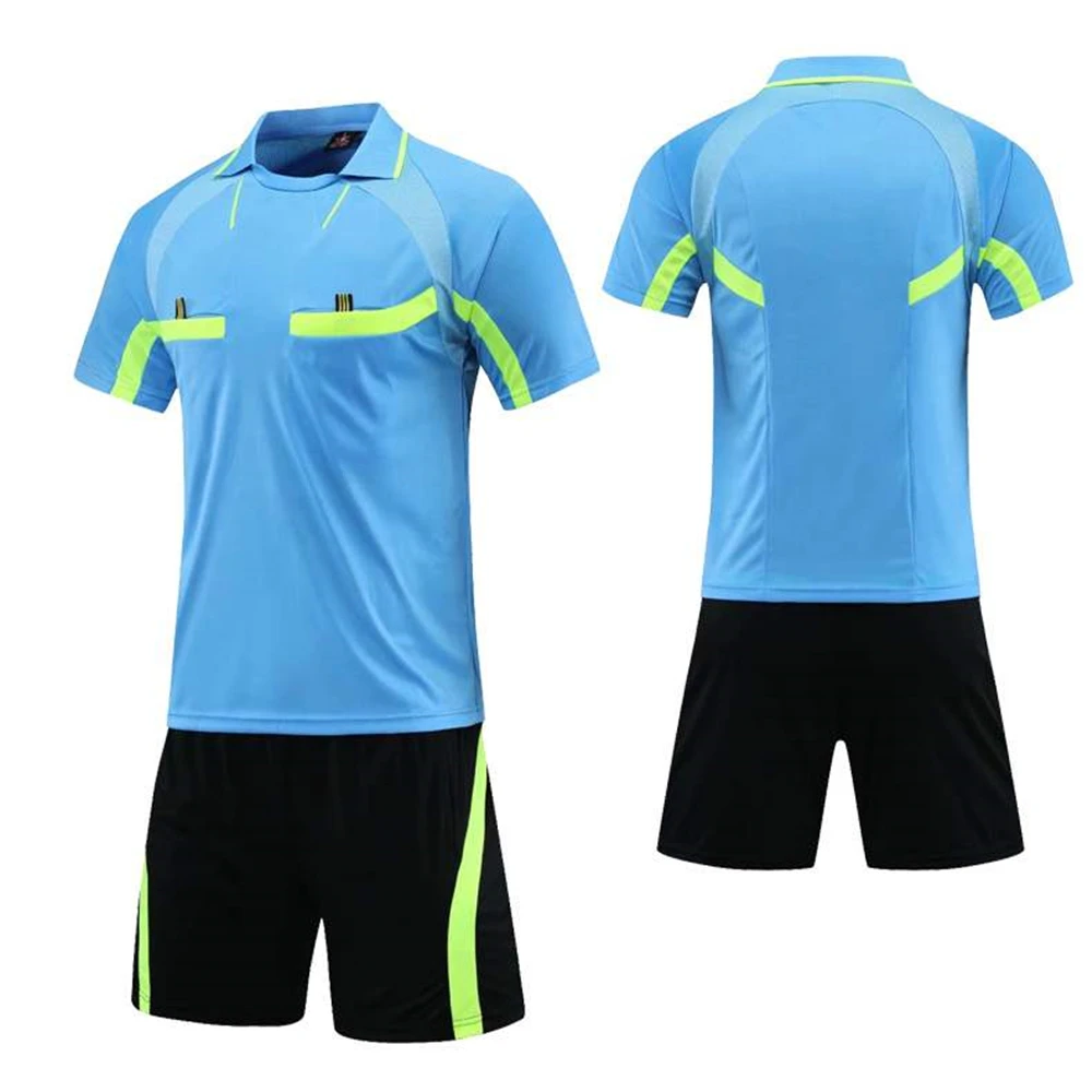 Professional Soccer Referee Uniform Men Turn-down Collar Football Referee Clothes Short Sleeve Judge Shirt Three Pockets Shorts