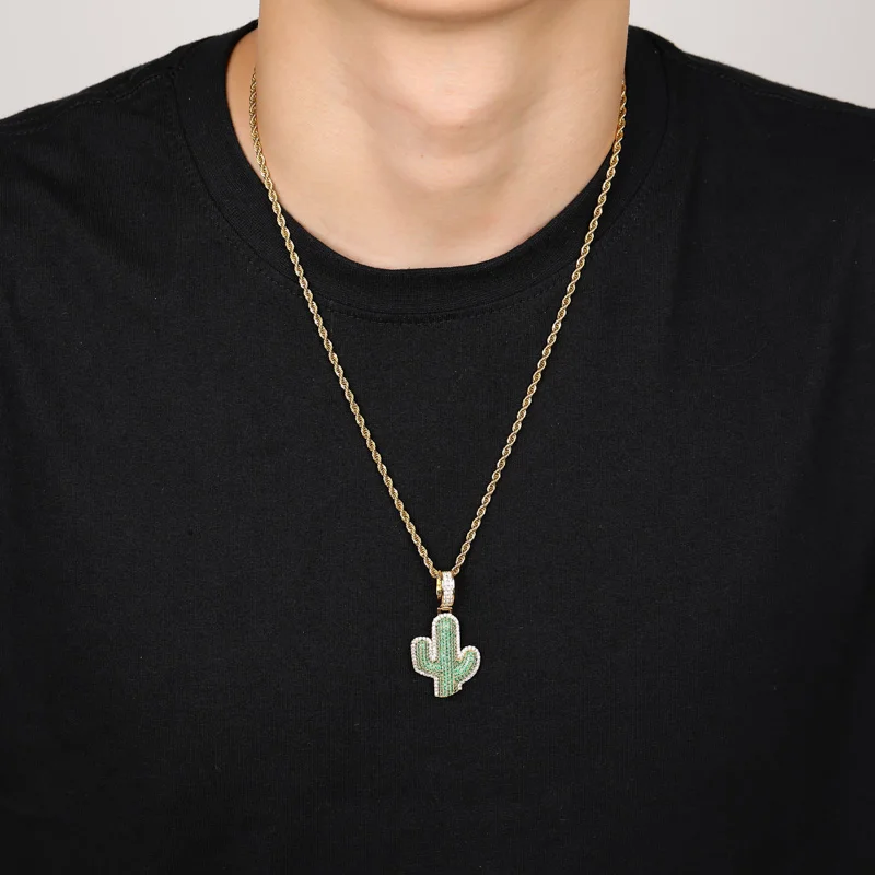 TOPGRILLZ Iced Out Cactus Pendant Necklace Newest AAA Green Cubic Zircon Men\'s Charms Necklace Fashion Plant Hip Hop Jewelry